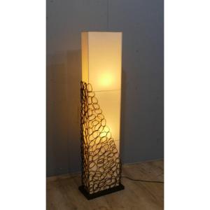 Floor Lamp From The 80s-90s In Welded Iron In Rings And Large Lampshade