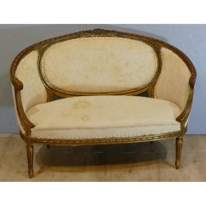 Louis XVI Style Basket Sofa In Golden Patinated Wood, 19th Century Period
