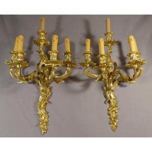 Pair Of Large Louis XV Sconces With 5 Lights In Gilt Bronze Napoleon III Period