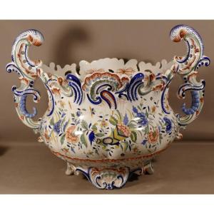 Important Earthenware Planter From Desvres Fourmaintraux, Late 19th Century