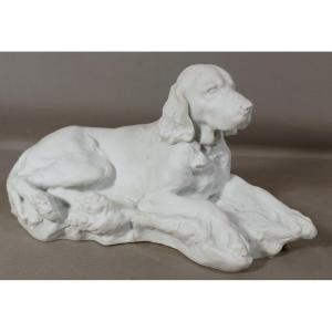 The Dog, Porcelain Biscuit Statuette Signed Jules Desbois, Early 20th Century