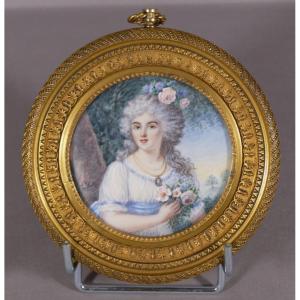 After Pa Hall, Miniature Portrait  Young Woman With Bouquet Of Roses, Bronze Frame