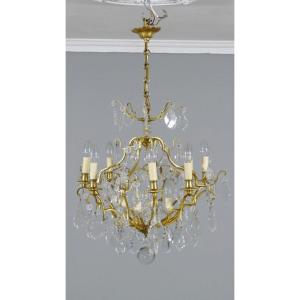 Cage Chandelier With 12 Lights In Bronze, Glass And Crystal, Mid-20th Century