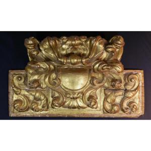 Top Of Door, 17th Century Woodwork Pediment In Carved Golden Wood Forming Headboard