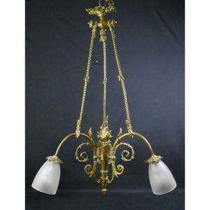 Louis XVI Style Torch Chandelier In Gilt Bronze And Frosted Glass, Circa 1920