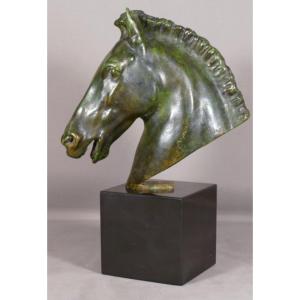 Horse In Dressage, Green Patinated Bronze Sculpture By Chatil, Early 20th Century