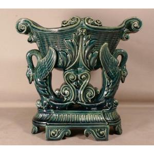 Centerpiece, Empire Style Planter With Swans In Green Barbotine Earthenware, Late 19th Century