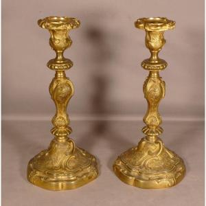 Pair Of Louis XV Candlesticks In Gilt Bronze, 18th Century Period