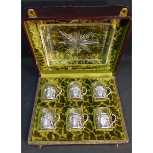 6 Liqueur Glasses And Tray In Crystal And Sterling Silver With Cherubs, Late 19th Century