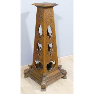 Bolster Column In Solid Openwork Walnut Carved In Renaissance Style, 19th Century