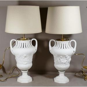 After Clodion, Pair Of Cassolette Lamps In Porcelain Biscuit, Samson Sèvres 19th Century