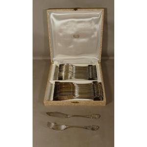 Christofle Marly, 12 Silver Metal Fish Cutlery, Forks, Knives
