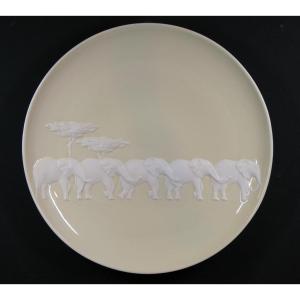 Raynaud Limoges, Kenya Model, Very Large Decorative Dish With Elephants In Original Box