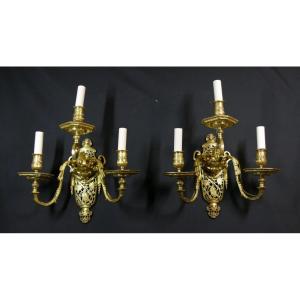 Pair Of Large Louis XIV Style Angelot Sconces In Gilt Bronze, 19th Century