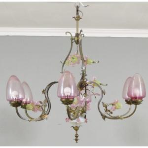 Murano, Chandelier With 6 Branches In Brass And Glass Flowers, 1980 Period