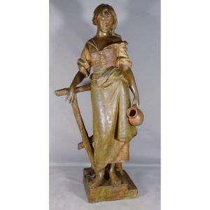 Ernst Borsdorf, Woman With A Jug, Large Polychrome Terracotta Sculpture, 19th Century