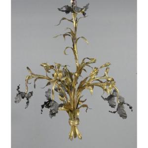 Iris Chandelier In Bronze, Brass And Sheet Metal, Decorator's Work From The 40s-50s