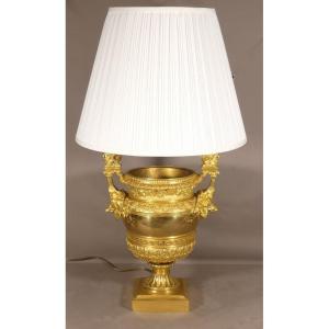 After Claude Ballin, Urn Vase Mounted As A Lamp In Gilt Bronze With Janus Heads, 19th Century