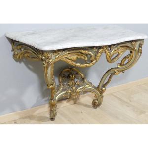 Louis XV Period Console In Carved Gilt And Sage Green Lacquered Wood, Marble Top, 18th Century 