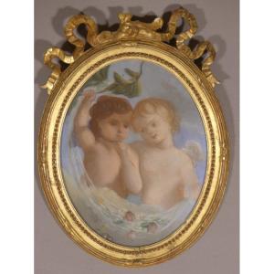 19th Century Pastel, Two Cherubs Signed Cécile Boisard, 1863, Louis XVI Frame