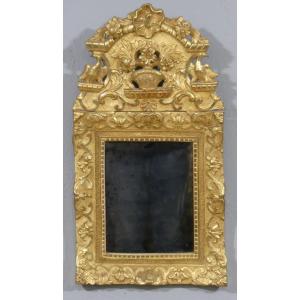 Louis XIV Period Pediment Mirror In Carved And Gilded Oak Wood, Early 18th Century