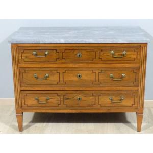 Louis XVI Commode In Walnut And Marquetry, Gray Marble Top, 18th Century