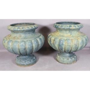 Pair Of Cast Iron Garden Vases With Melon Ribs, 19th Century
