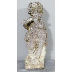 Putti Musician, Garden Statue In Reconstituted Stone, Mid-20th Century