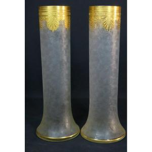 Saint Louis Empire Nelly, Pair Of Frosted Crystal And Gold-inlaid Vases, 1900s