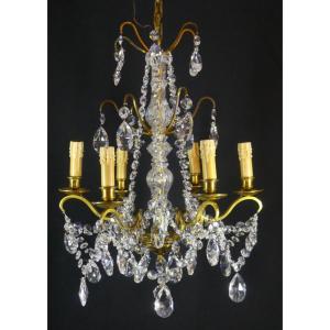 Brass Chandelier With Crystal Tassels, Louis XV Style, Mid-20th Century