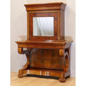 Charles X, Console Secretary In Burl Mahogany And Fillets, 19th Century
