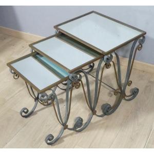 3 1940 Nesting Coffee Tables In Wrought Iron And Mirror In The Style Of Subes Or Poillerat