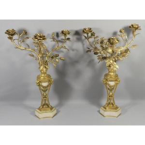 Pair Of Candlesticks With Bouquets Of Roses And Rams' Heads, Bronze And Marble, 19th Century