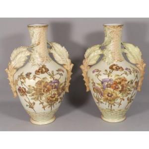 Pair Of Pansy Vases, German Porcelain From Rudolstadt, Straus And Sons Circa 1890