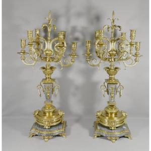 85 Cm Pair Of Candelabra Castle Candlesticks Turquin Marble And Gilt Bronze Napoleon III 