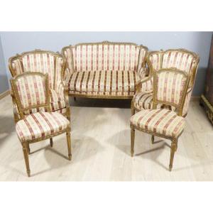 5 Piece Louis XVI Style Living Room With Gilded Wood Ears, Sofa, 2 Bergeres And 2 Chairs
