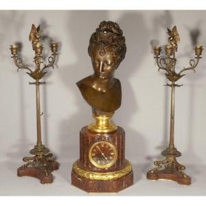 Barbedienne, Diane De Poitiers, Clock And Candelabra Set, Bronze And Marble, 19th Century