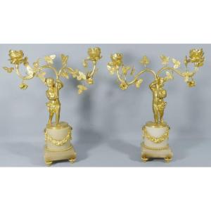 Pair Of Louis XVI Candlesticks With Putti And Roses, Gilt Bronze And Alabaster, 19th Century