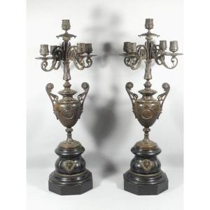 Pair Of Napoleon III Candelabra Candlesticks Patinated Bronze Marble In The Style Of Barbedienne