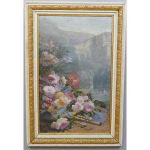 Pierre Bourgogne (1838-1904), Oil Painting On Canvas Flower Throw And Ruin Landscape