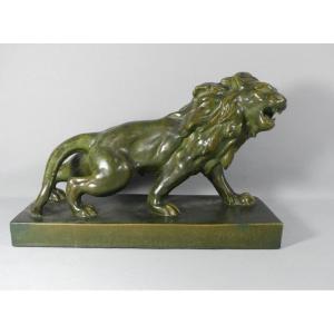 The Lion, Green Glazed Terracotta, Sculpture Mid 20th Century