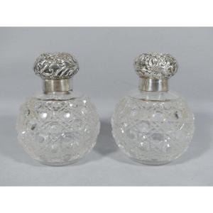 Pair Of Diamond Cut Glass And Sterling Silver Perfume Bottles, London