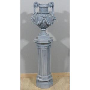 Large Vase With Lions And Its Column, Glazed Terracotta, 19th Century 