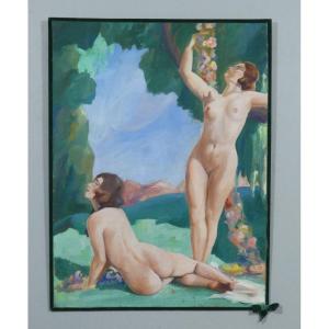 The Bathers, Large Art Deco Oil Painting On Canvas, Nude Women 1930