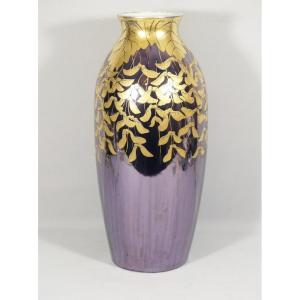 Very Large Porcelain Vase With Wisteria Decorated With Gold On A Lustered Purple Background, Limoges Early 20th Century
