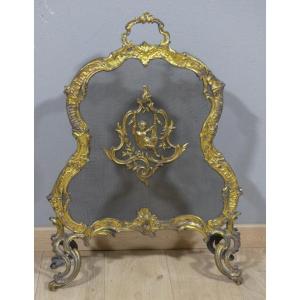 Charles Casier, Gilt Bronze Fireplace Screen With Putto, Napoleon III Period, 19th Century