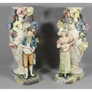 Italy Circa 1900, Pair Of Ceramic Vases Gallant Couple Musician And Flowers In Relief