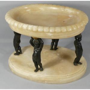 Centerpiece, Veined Alabaster Cup And Patinated Bronze Putti, Napoleon III Period, 19th Century