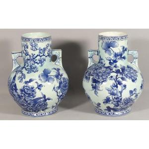 Pair Of Blue Hortensia Earthenware Vases In Asian Style, Late 19th Century