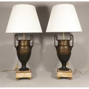 Pair Of Lamps In The Style Of Clodion Ribambelle De Putti In Patinated Metal And Marble, 19th Century